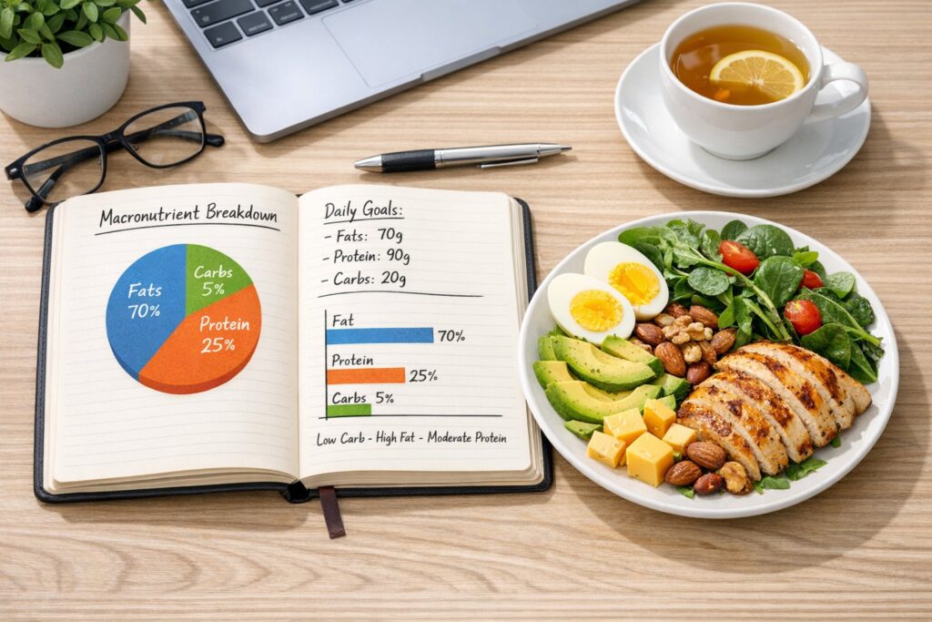 Notebook with macro breakdown and balanced keto plate, organized desk setting