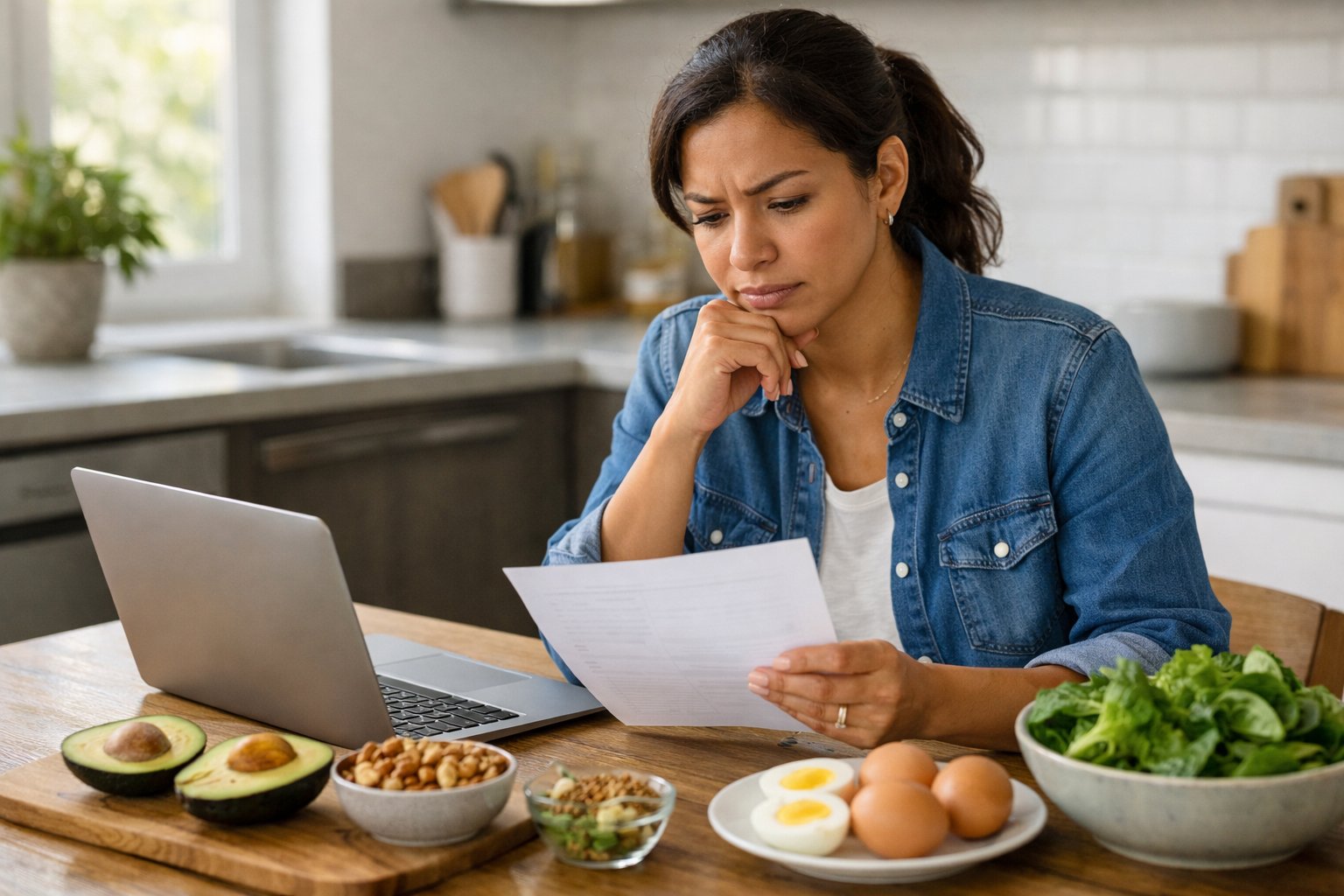A person sitting at a kitchen table with a laptop and keto-friendly foods, looking thoughtful while reviewing a meal plan and think Do I Need a Personalized Keto Plan.
