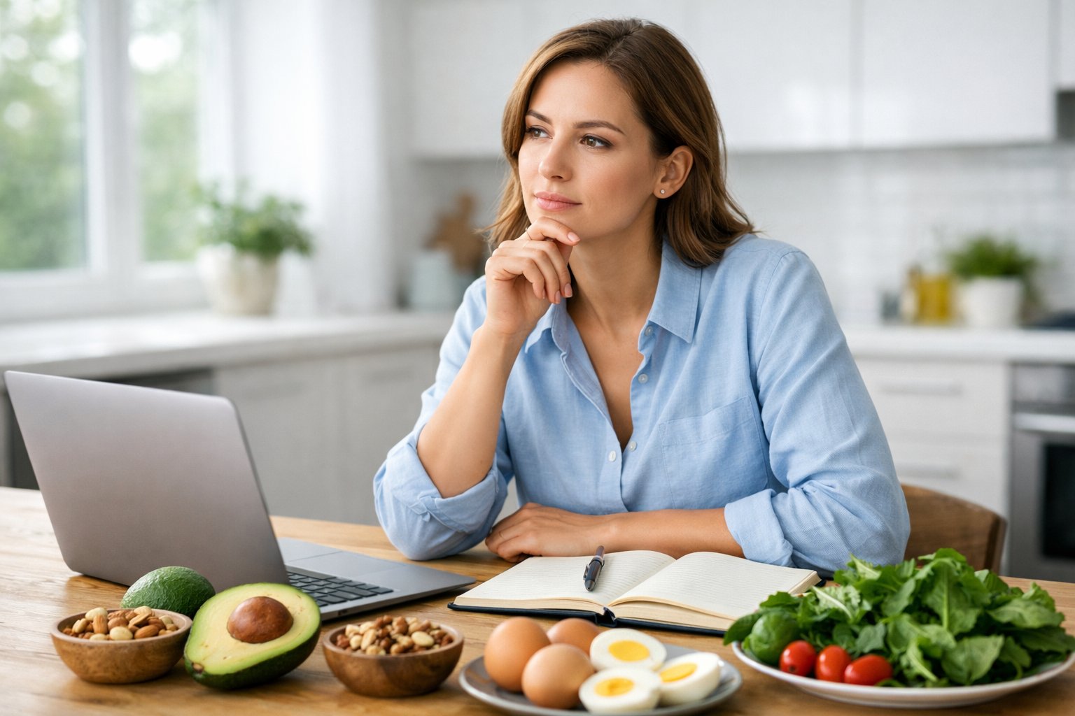 A woman sitting at a kitchen table with a laptop and keto-friendly foods, looking thoughtful and focused.