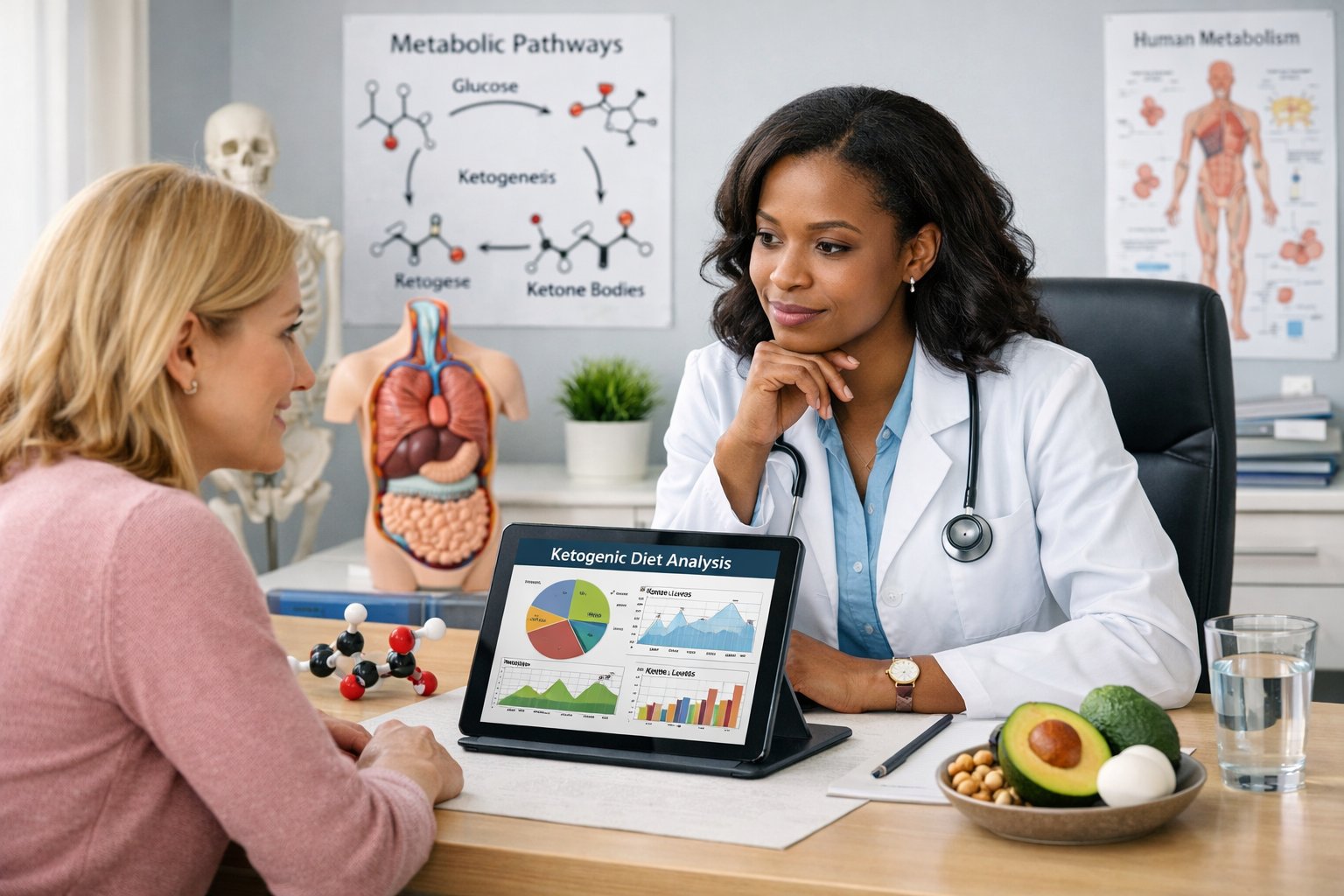 A healthcare professional consulting with a patient in a medical office, discussing personalized nutrition and metabolic health.