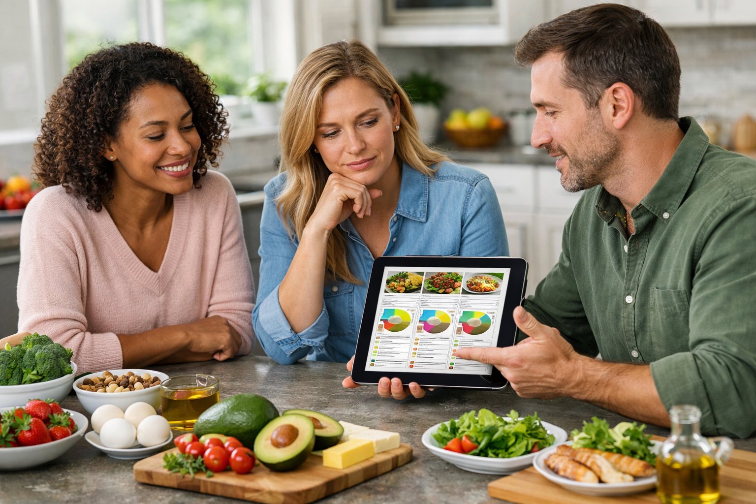 Three adults sitting around a kitchen island discussing meal plans with fresh keto-friendly foods on the counter.
