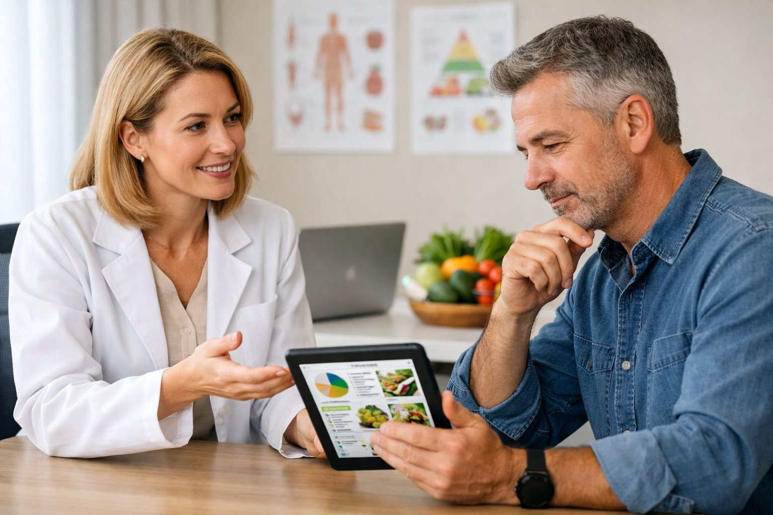 A healthcare professional consulting with a patient about a personalized keto diet plan in a bright office setting.