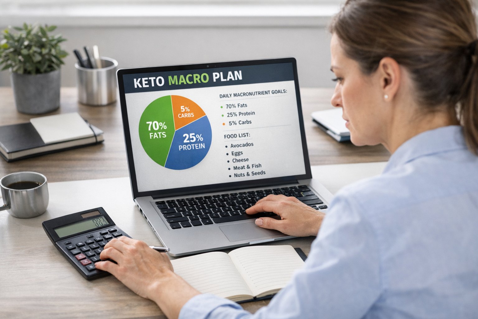 Person reviewing keto macro plan on laptop with calculator and notebook, focused expression, clean desk setup, realistic lighting, authority tone