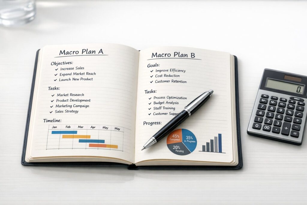 Notebook comparing two macro plans side by side, pen and calculator visible