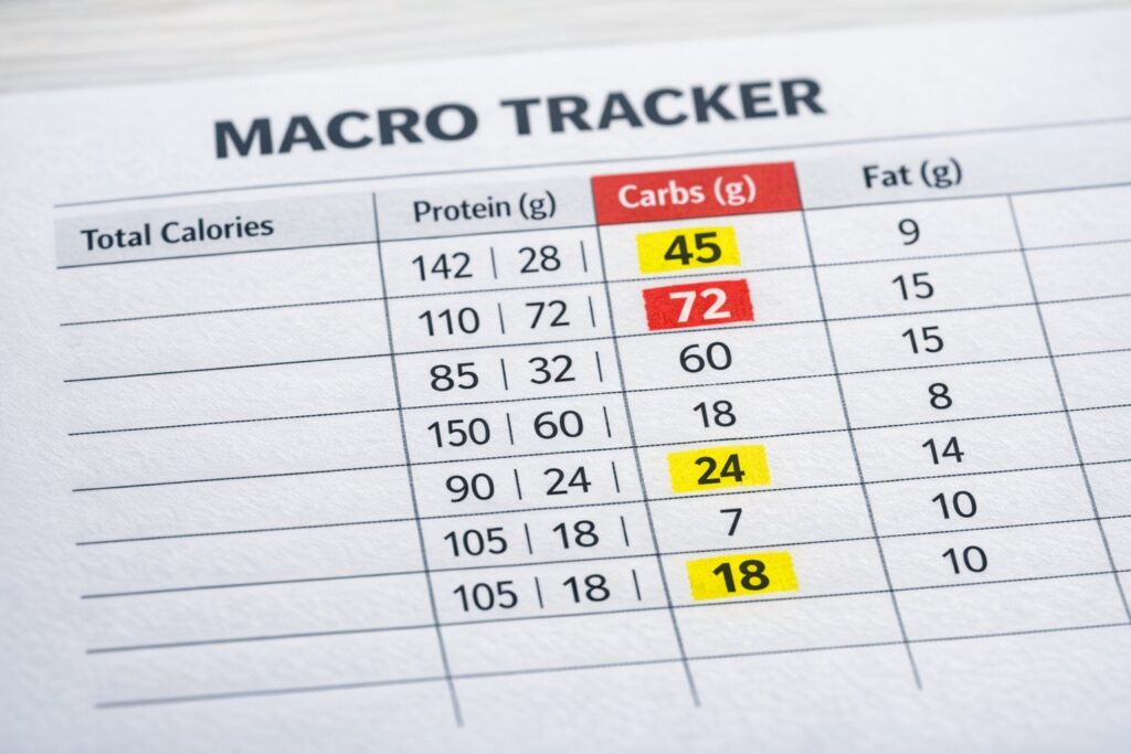 Close-up of printed macro template with highlighted carb numbers