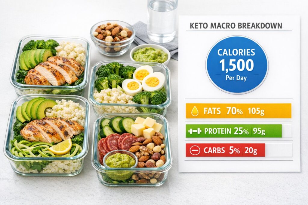 Organized keto meal prep with macro breakdown chart beside i