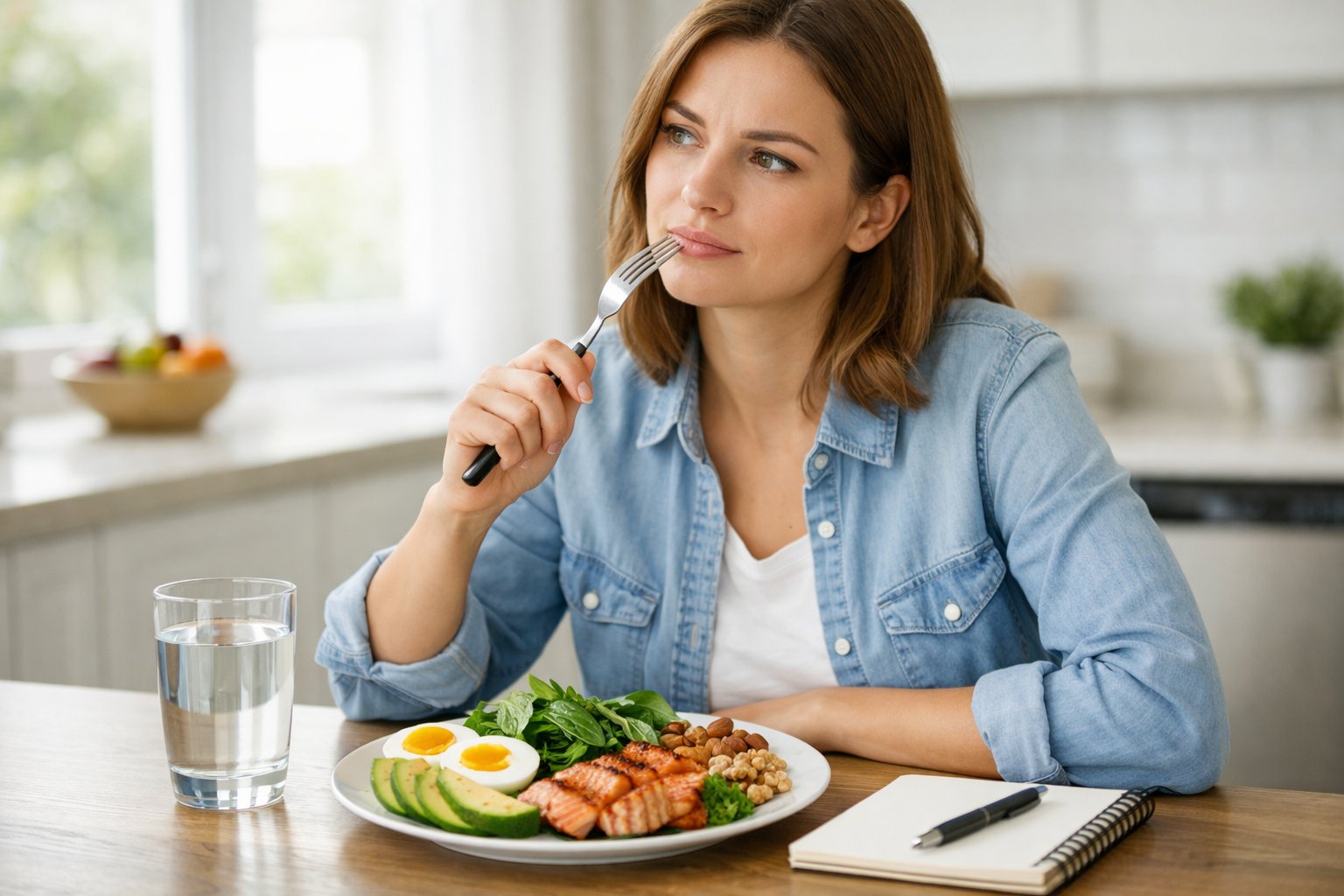 A young adult sitting at a kitchen table with a keto meal, looking thoughtful while holding a fork.