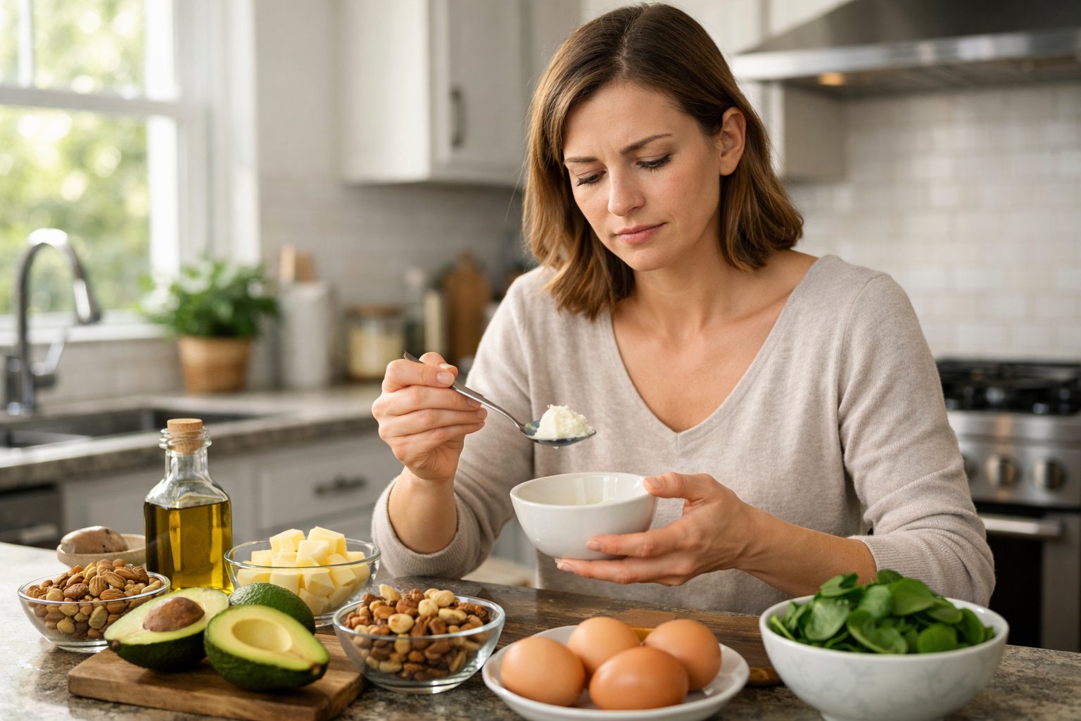 A young woman preparing a ketogenic meal in a bright kitchen, surrounded by healthy keto ingredients like avocados, nuts, and olive oil.