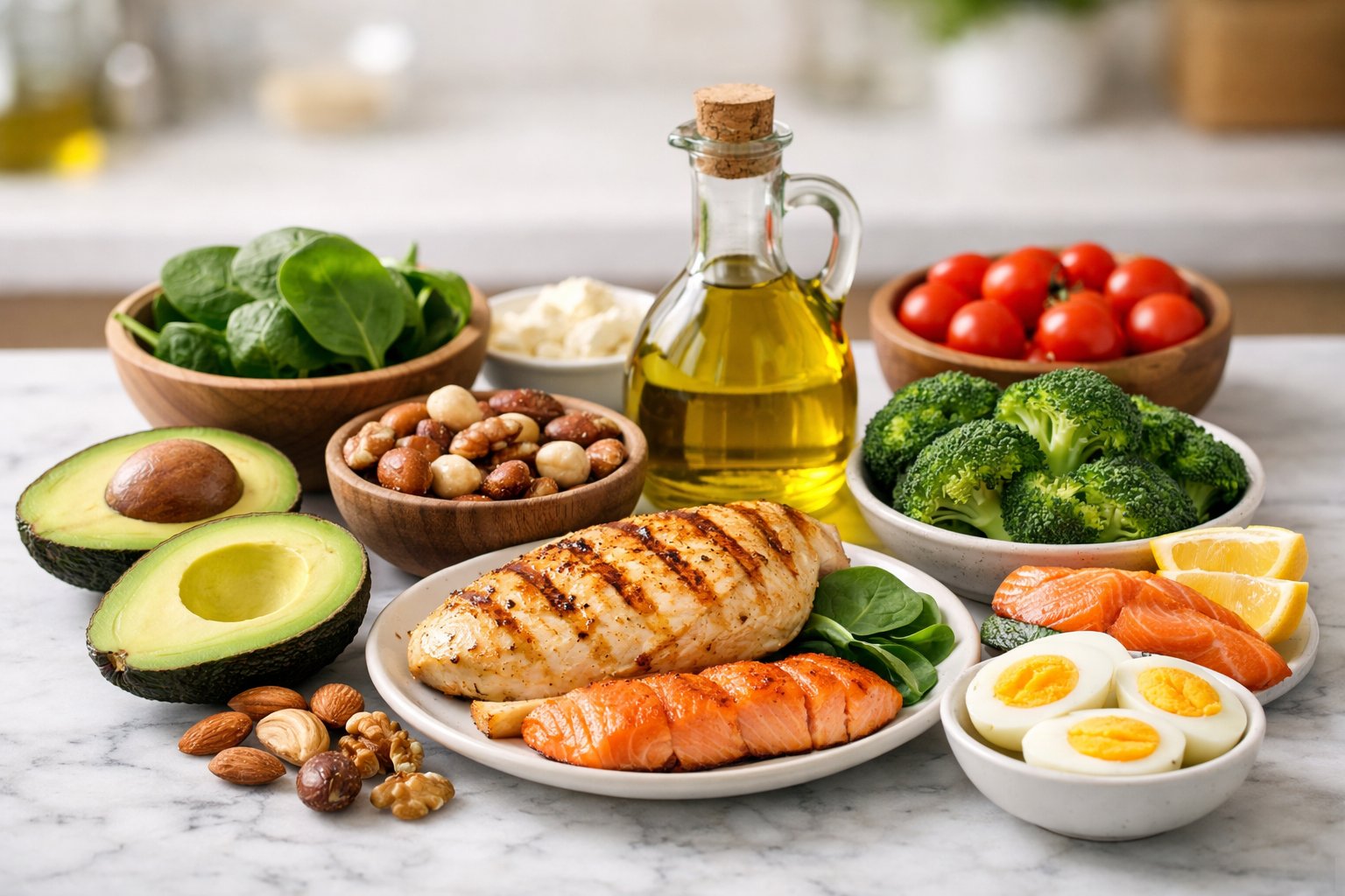 A kitchen countertop with a variety of fresh keto-friendly foods including avocado, olive oil, nuts, grilled chicken, boiled eggs, salmon, spinach, broccoli, and cherry tomatoes arranged to show a balanced meal.