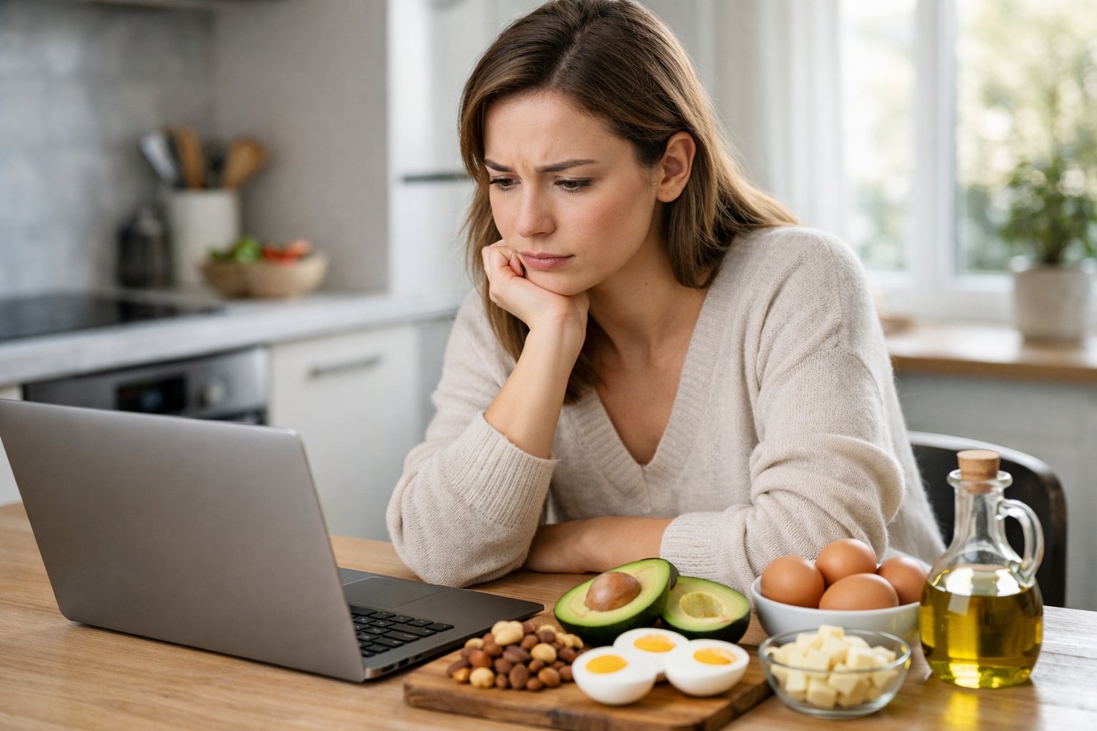 A young woman sitting at a kitchen table with keto foods and a laptop, looking thoughtful and focused.