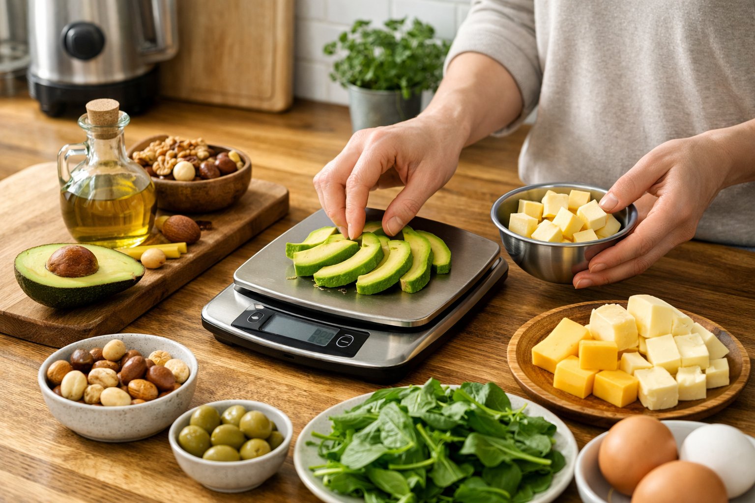 Hands preparing a balanced keto meal with fresh ingredients and a digital scale in a bright kitchen.