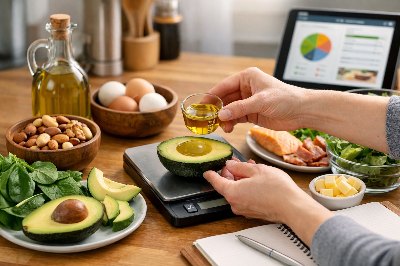 Hands measuring healthy fats like olive oil and avocado on a kitchen counter with keto-friendly foods and a food journal nearby.