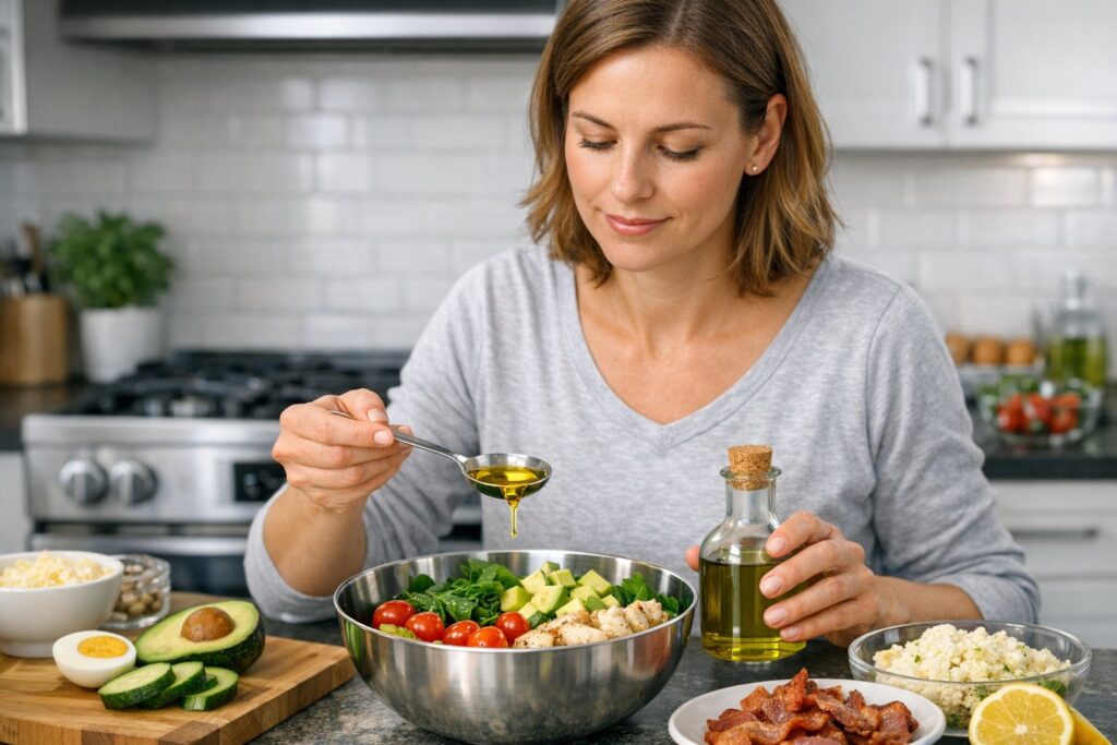 Person preparing keto meal while measuring oil with spoon, thoughtful expression, clean kitchen environment
