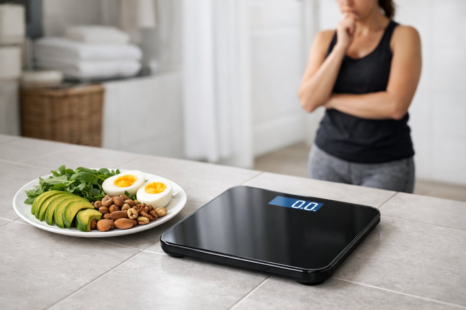 A digital bathroom scale on a tiled floor next to a plate of keto food with a person standing nearby looking at the scale.