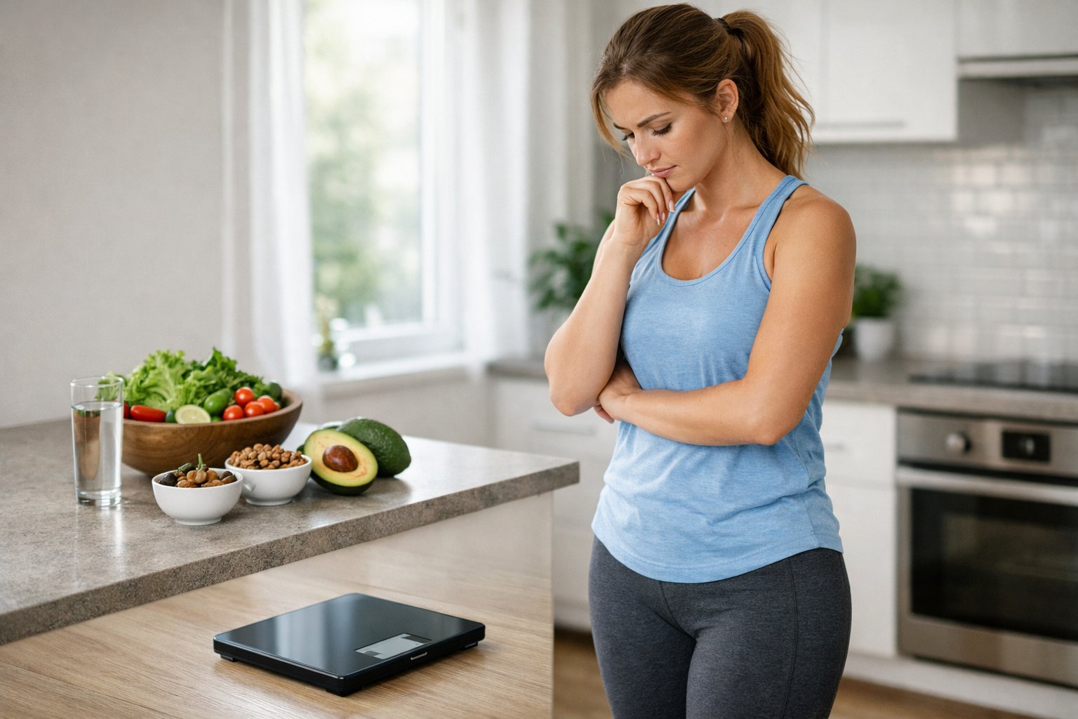 A young woman in workout clothes looks at a digital scale on the kitchen floor with a thoughtful expression, surrounded by healthy food items on the counter.