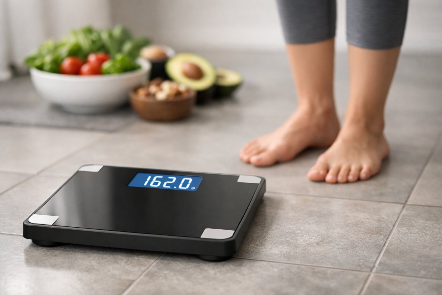 A digital bathroom scale on a tiled floor with a person standing nearby and a bowl of fresh vegetables in the background.