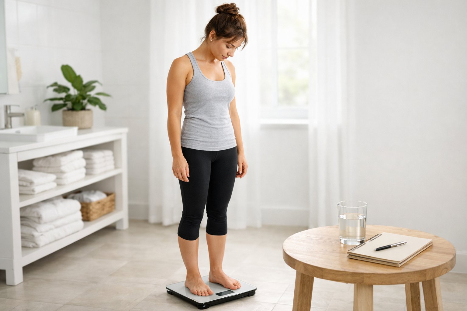 A young woman in athletic clothes stands on a digital bathroom scale in a bright bathroom, looking down thoughtfully.