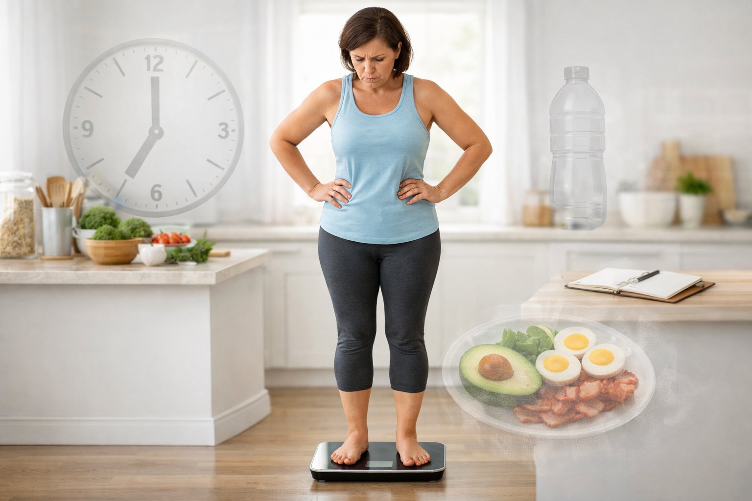 A person standing on a bathroom scale looking confused and frustrated in a bright kitchen with keto foods and a meal plan on the counter.