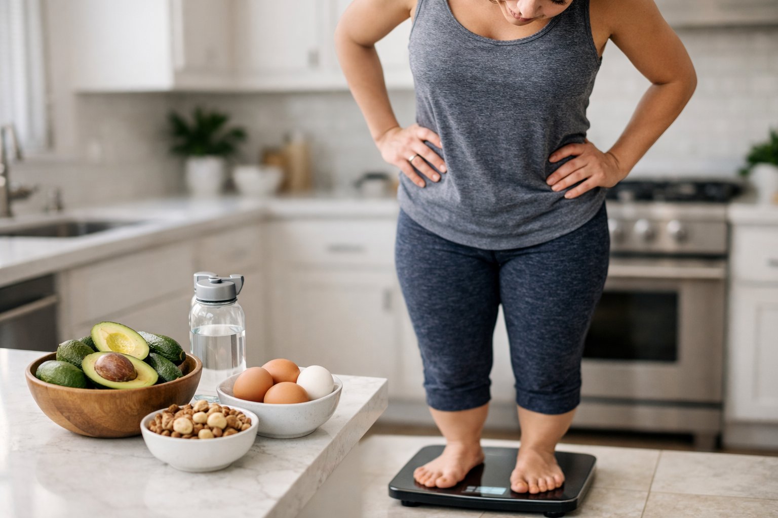 Person standing barefoot on a digital scale in a bright kitchen with keto-friendly foods nearby.