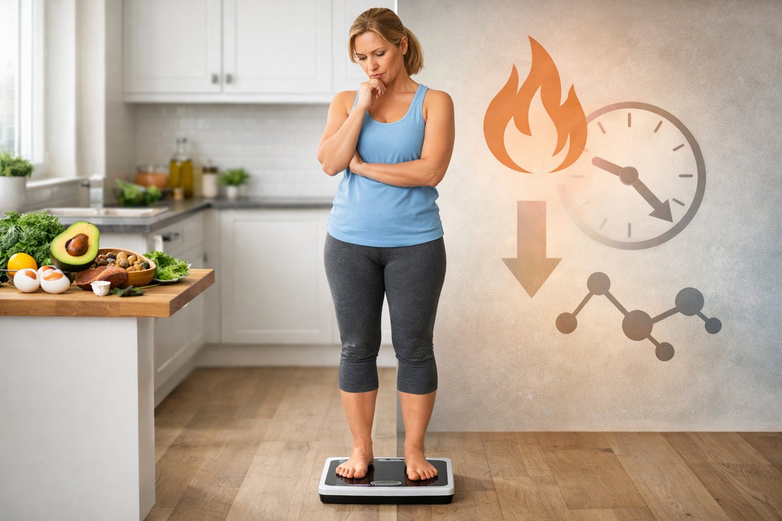 A woman in athletic clothes stands on a digital scale in a bright kitchen, looking thoughtful and puzzled.