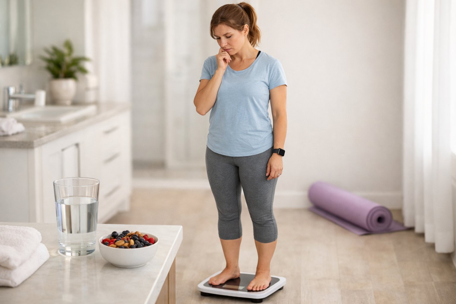 A woman stands on a bathroom scale looking thoughtful, surrounded by healthy lifestyle items in a modern bathroom.