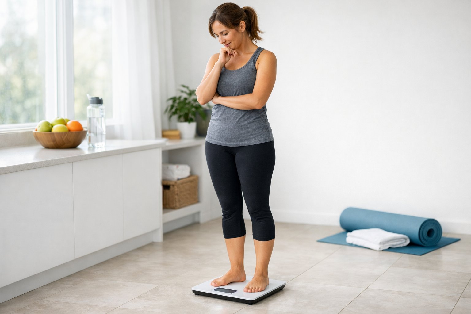 A woman in workout clothes standing on a digital scale in a bright bathroom, looking thoughtfully at the scale display with a water bottle, fruits, and yoga mat nearby.