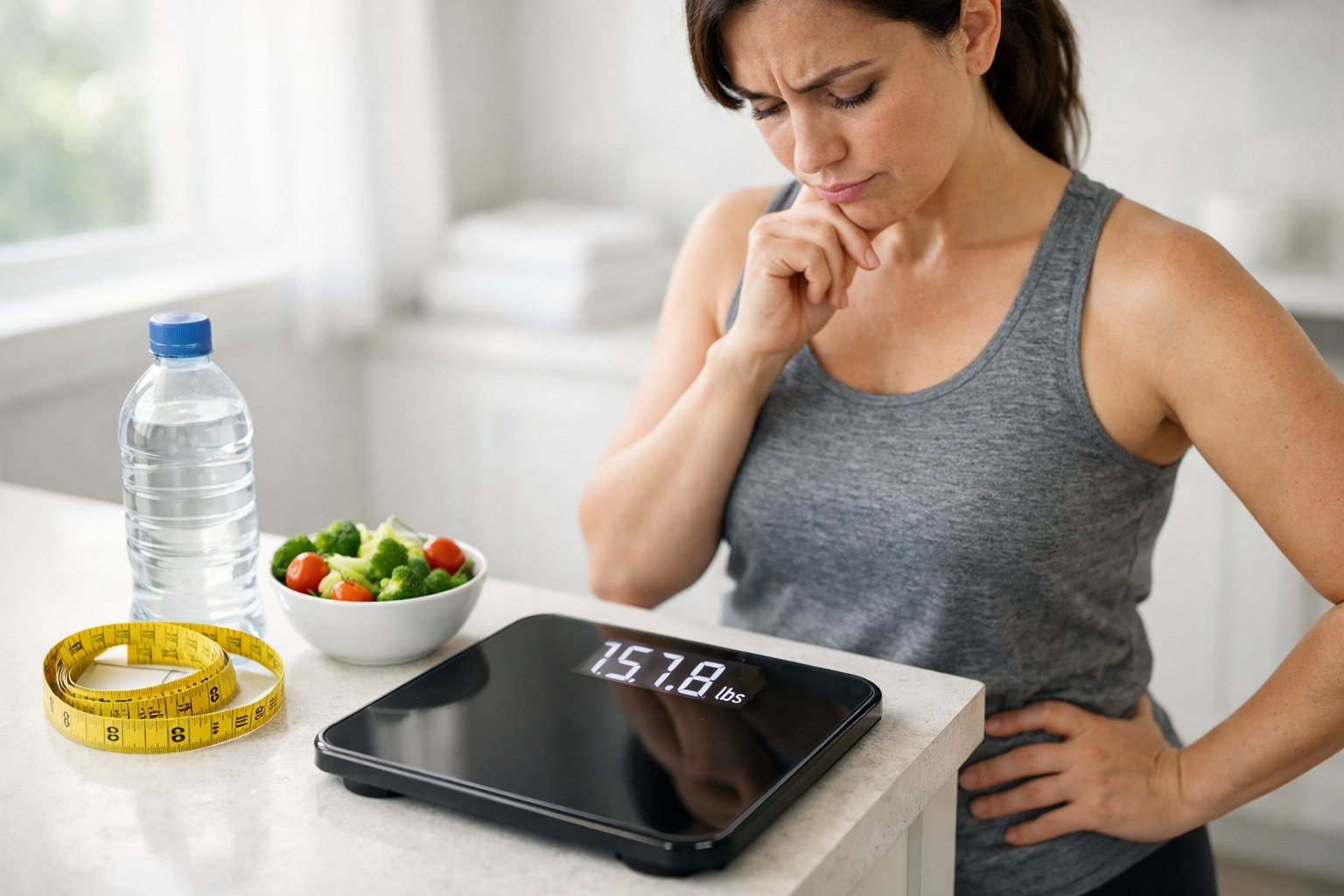 Person standing on a digital bathroom scale looking thoughtfully at the display in a bright bathroom with healthy lifestyle items nearby.