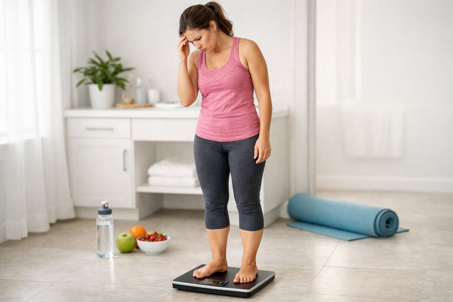 A woman in workout clothes looks concerned while standing on a digital bathroom scale in a bright bathroom.