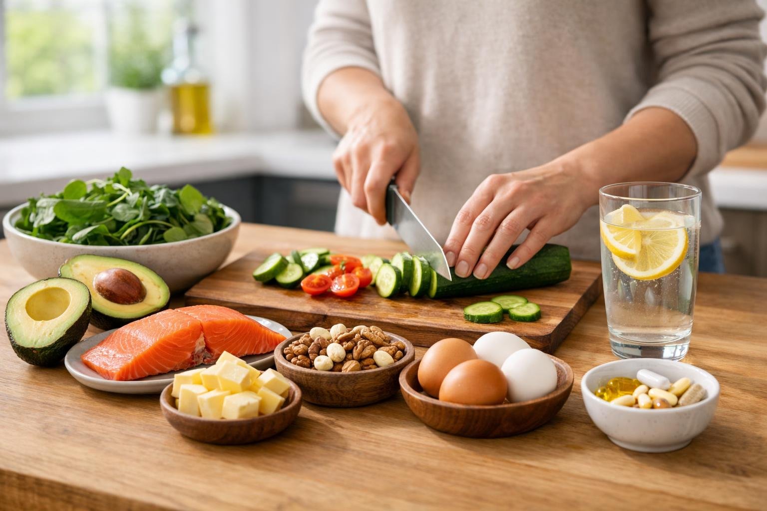 Preparing a keto-friendly meal with vegetables, eggs, nuts, and salmon to avoid common keto problems
