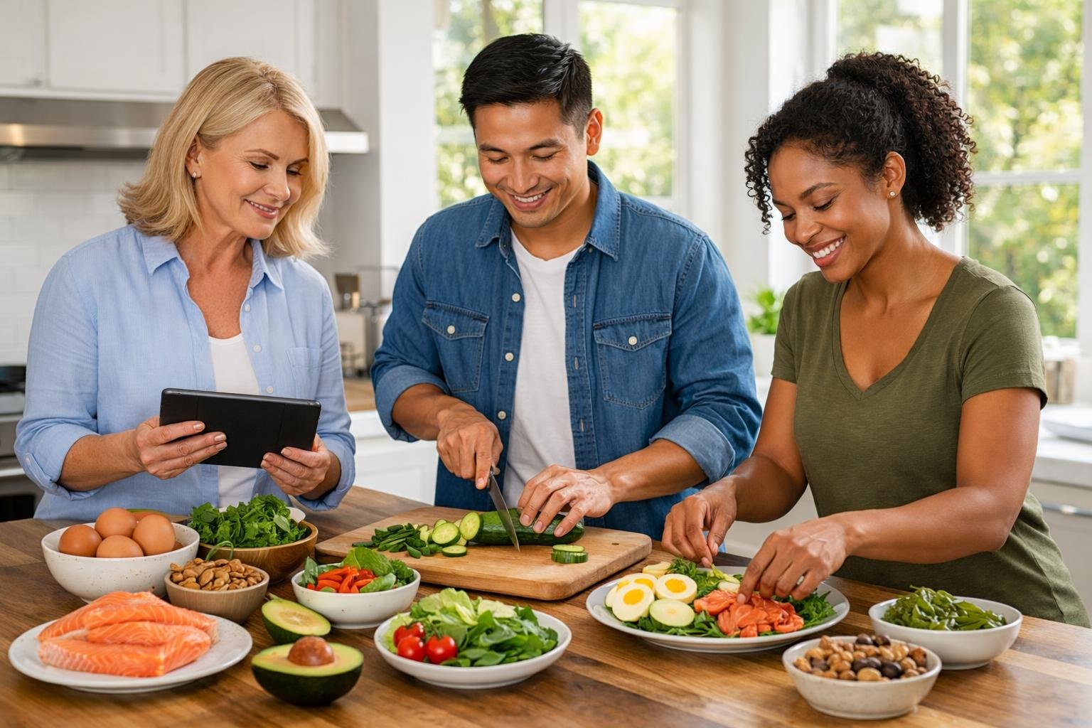 Three adults preparing healthy keto-friendly meals together in a bright kitchen with fresh ingredients on the counter.