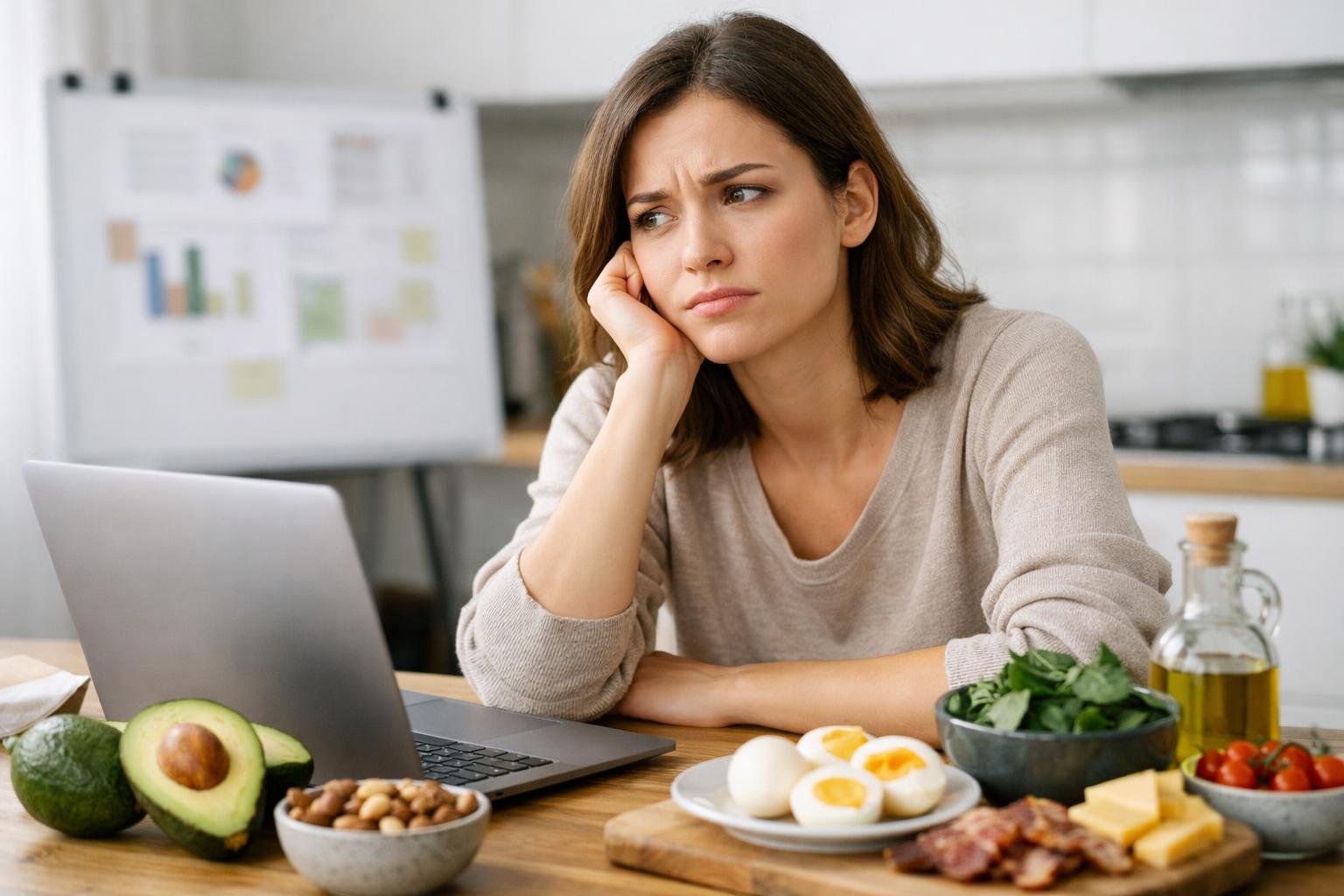A young adult sitting at a kitchen table with keto foods and a laptop, looking thoughtful and concerned about common keto problems.