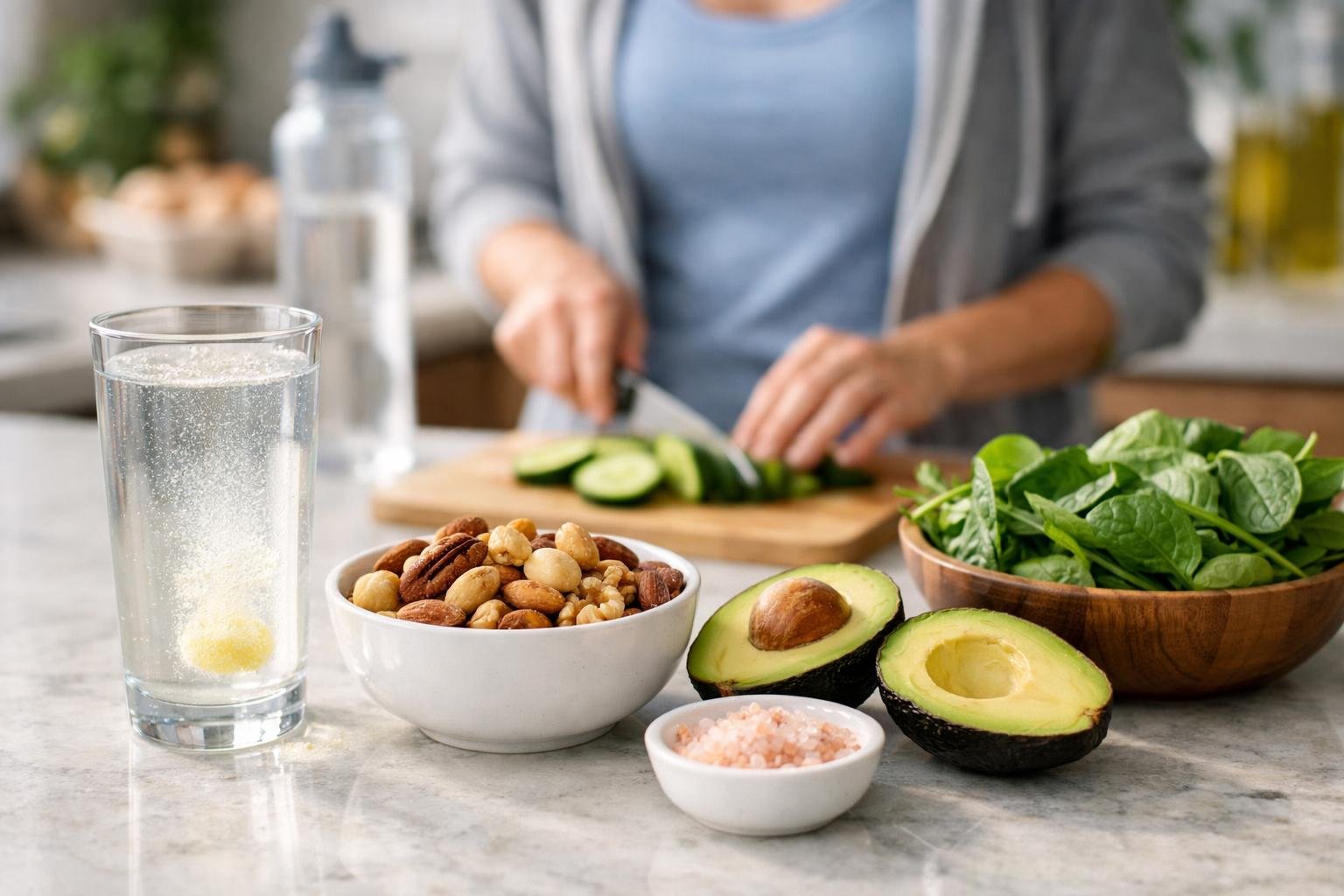 A kitchen counter with keto-friendly foods and a glass of water with electrolyte tablets, with a person preparing a meal in the background.