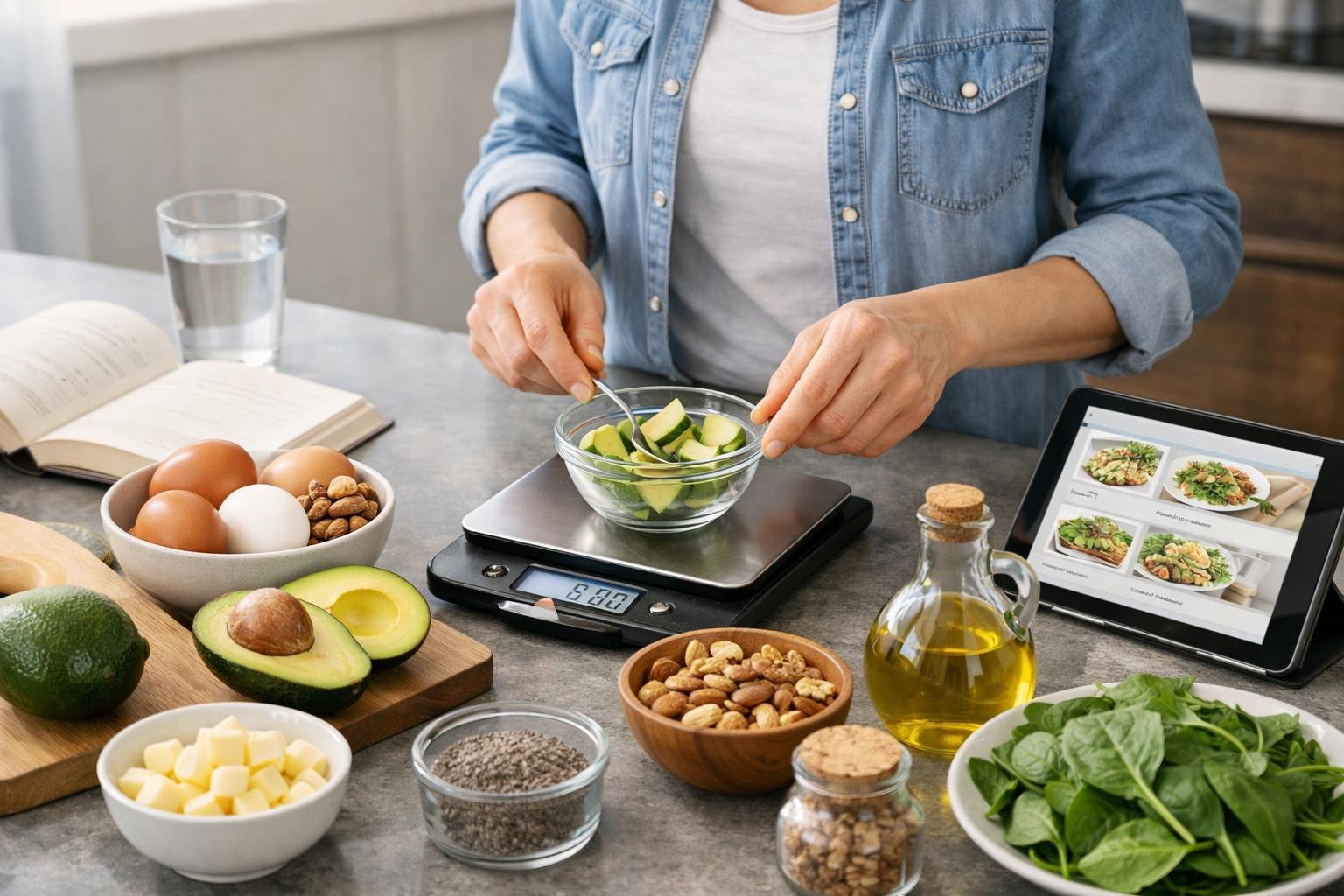 A person preparing fresh keto diet ingredients on a kitchen countertop with a digital scale and recipe book nearby.