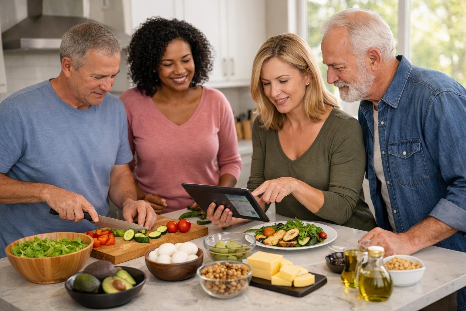 A group of adults preparing healthy keto meals together in a bright kitchen.