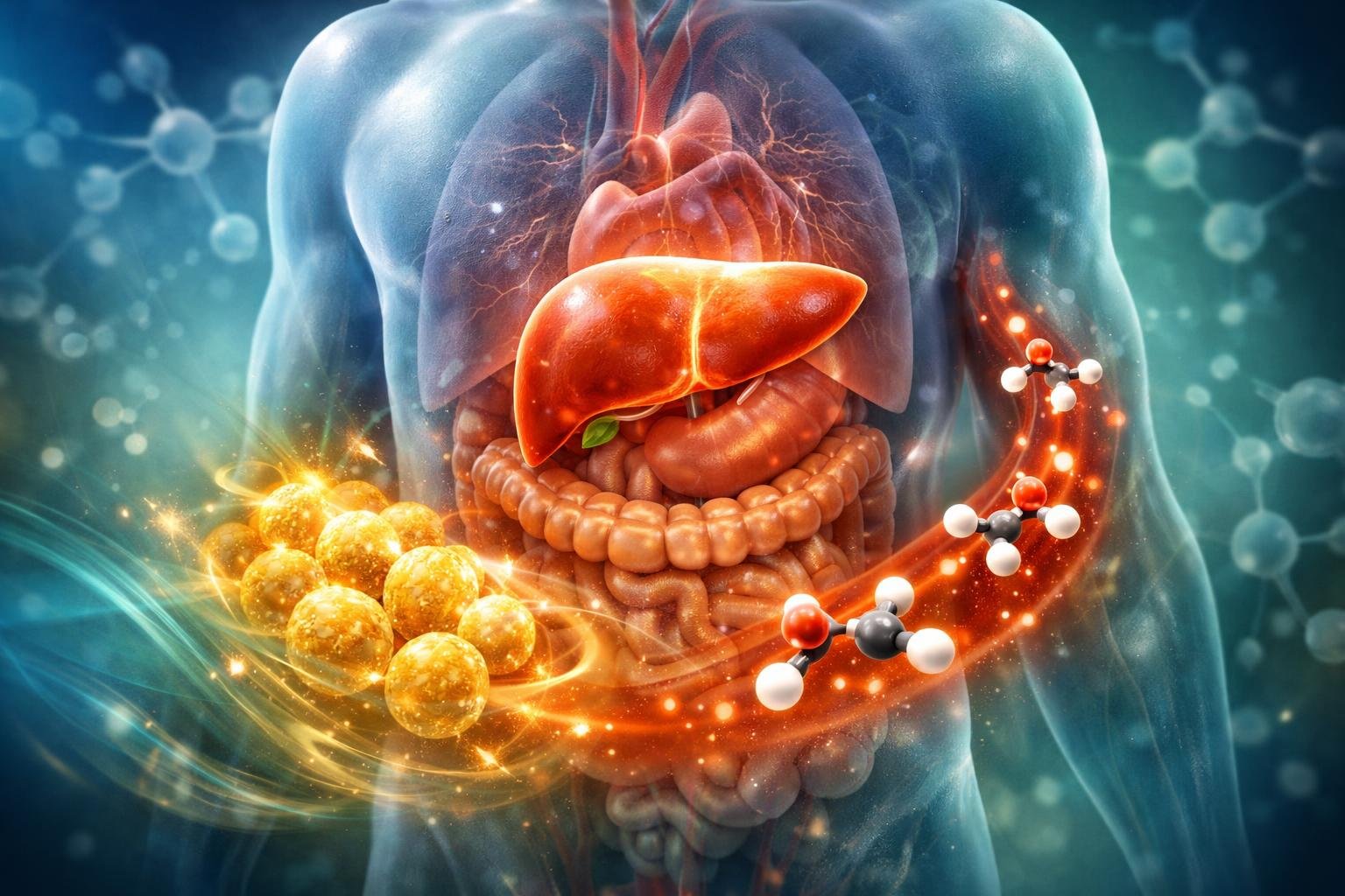A semi-transparent human torso showing internal organs with glowing molecules representing ketones and fat cells indicating fat burning.