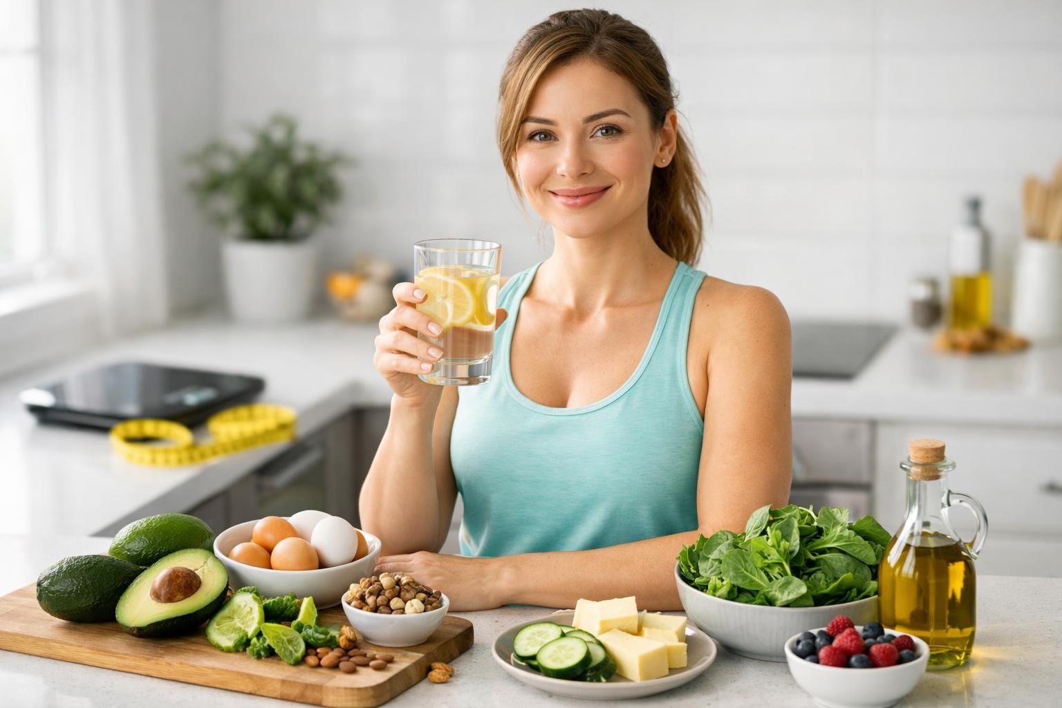 A smiling woman in a kitchen holding a glass of water surrounded by keto-friendly foods like avocados, eggs, and leafy greens.