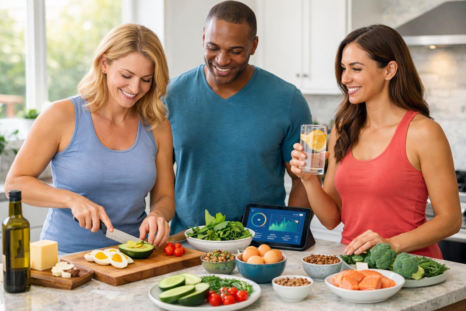 A group of healthy adults preparing keto-friendly meals and tracking health progress in a bright kitchen.