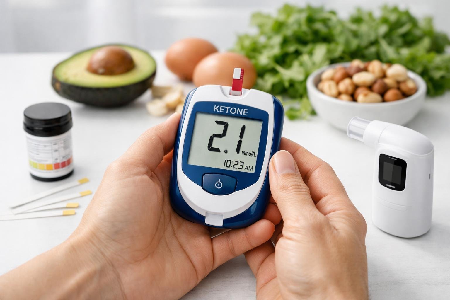 Hands holding a keto blood ketone meter with keto testing tools and keto-friendly foods on a table.