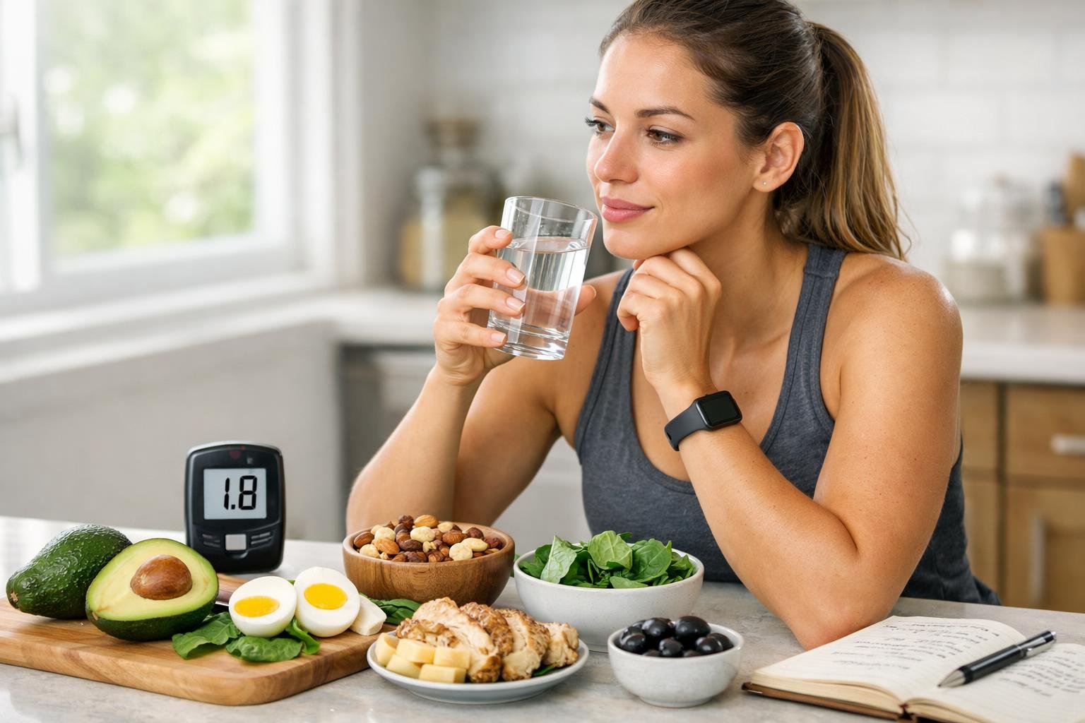 A young woman sitting at a kitchen counter with keto-friendly foods and a ketone meter, looking thoughtfully as she monitors her ketosis progress.