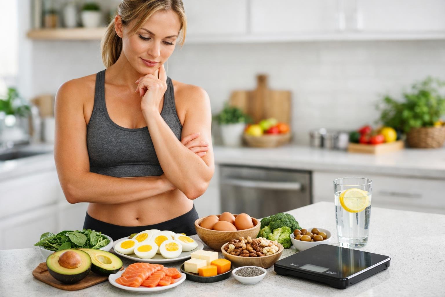 A woman in athletic wear stands in a kitchen looking thoughtfully at fresh low-carb foods on the counter.