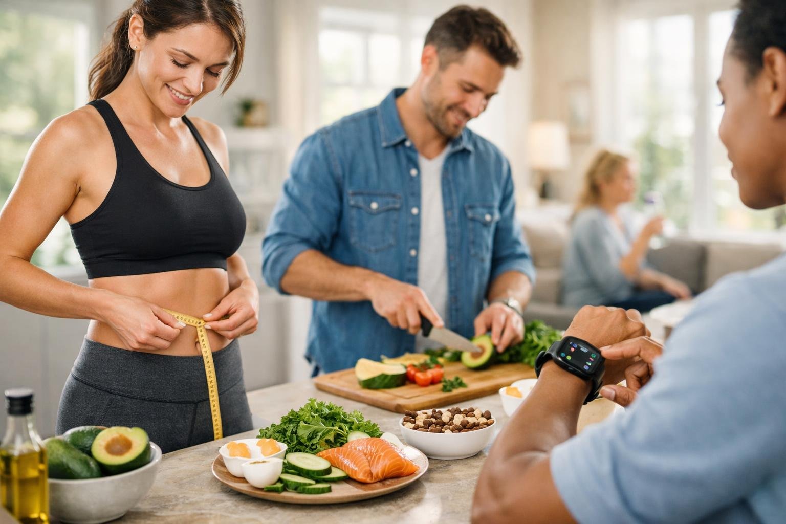 People engaging in healthy activities including measuring waist, preparing keto food, and checking health metrics in a bright modern home.