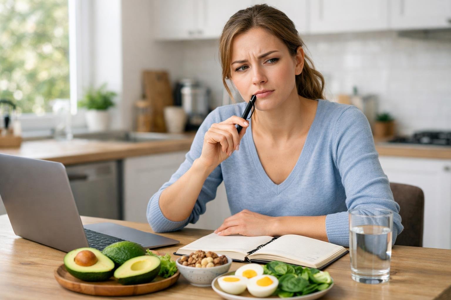 A young woman sitting at a kitchen table with a laptop and keto-friendly foods, looking thoughtful and concerned.