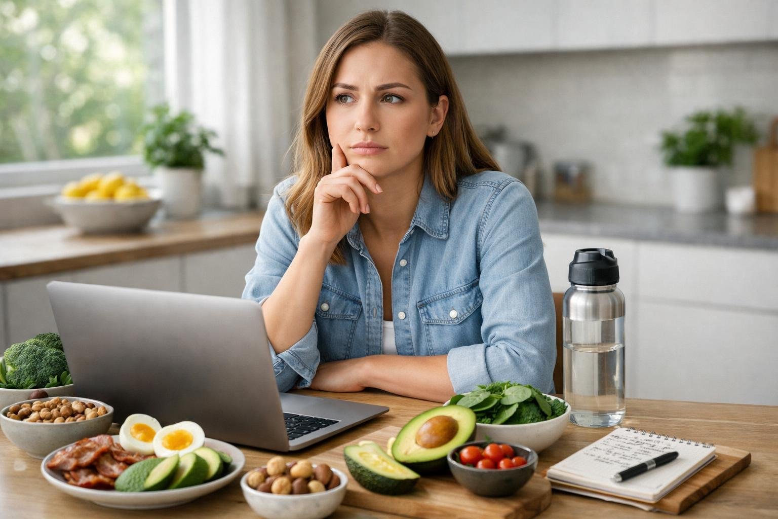 A young woman sitting at a kitchen table with a laptop and keto-friendly foods, looking thoughtful and concerned.