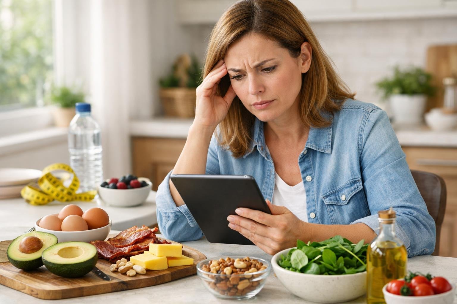 A woman sitting at a kitchen table with keto foods, looking thoughtfully at a tablet.