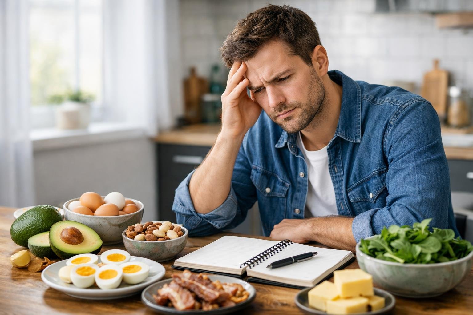 A young adult sitting at a kitchen table with keto foods, looking thoughtful and concerned while reviewing a notebook.