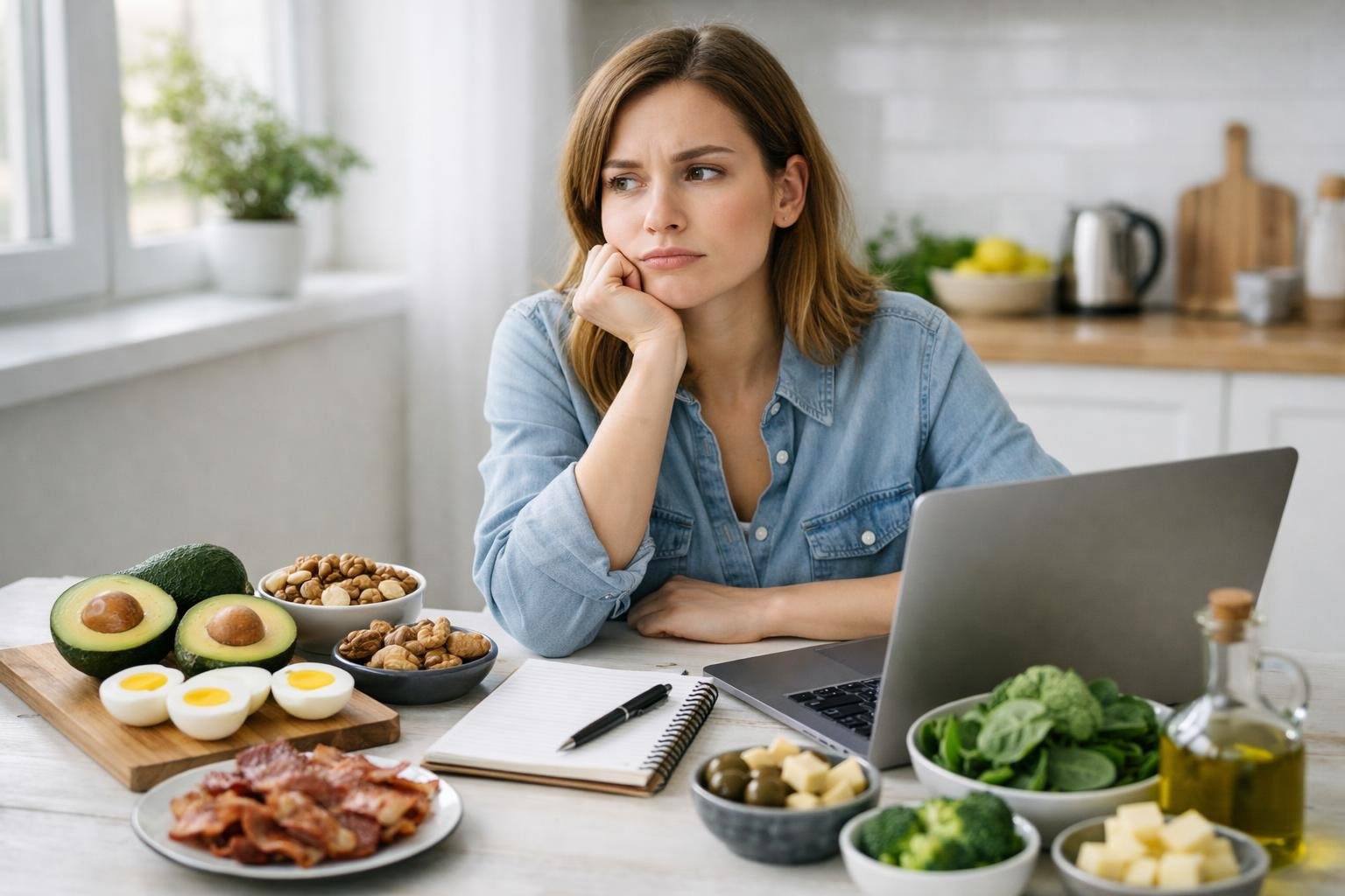 A young woman sitting at a kitchen table with a laptop and keto-friendly foods, looking thoughtful and concerned.