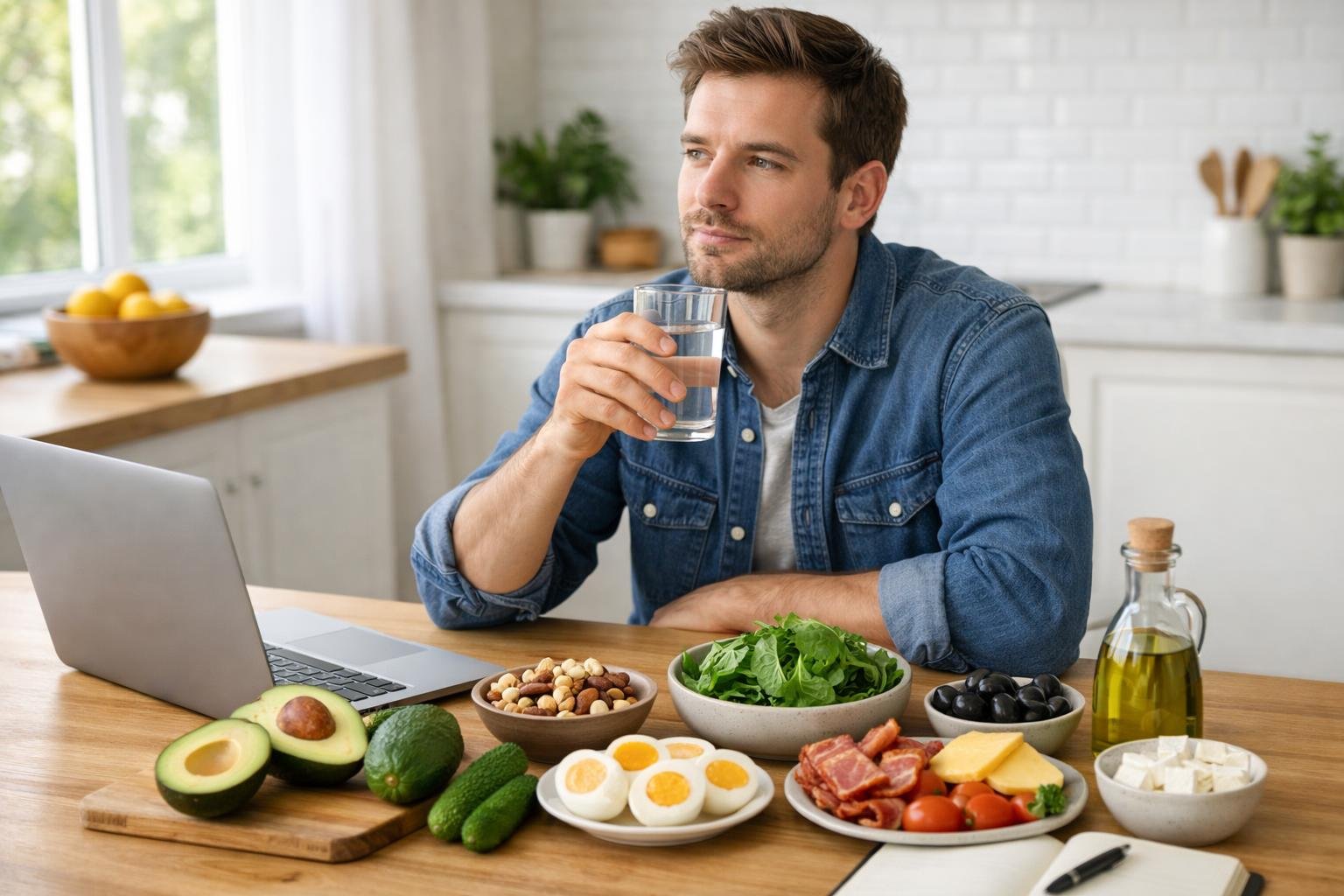 A young adult sitting at a kitchen table with keto foods, looking thoughtful while using a laptop and notebook.