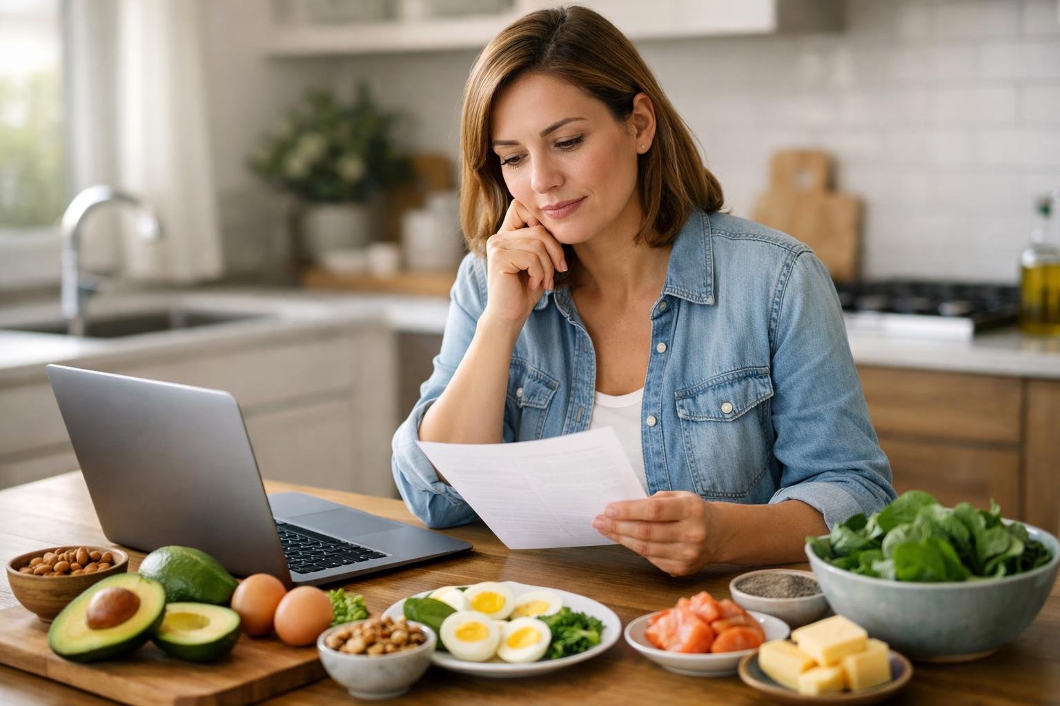 A woman sitting at a kitchen table with a laptop and keto-friendly foods, looking thoughtful while reviewing her diet plan.