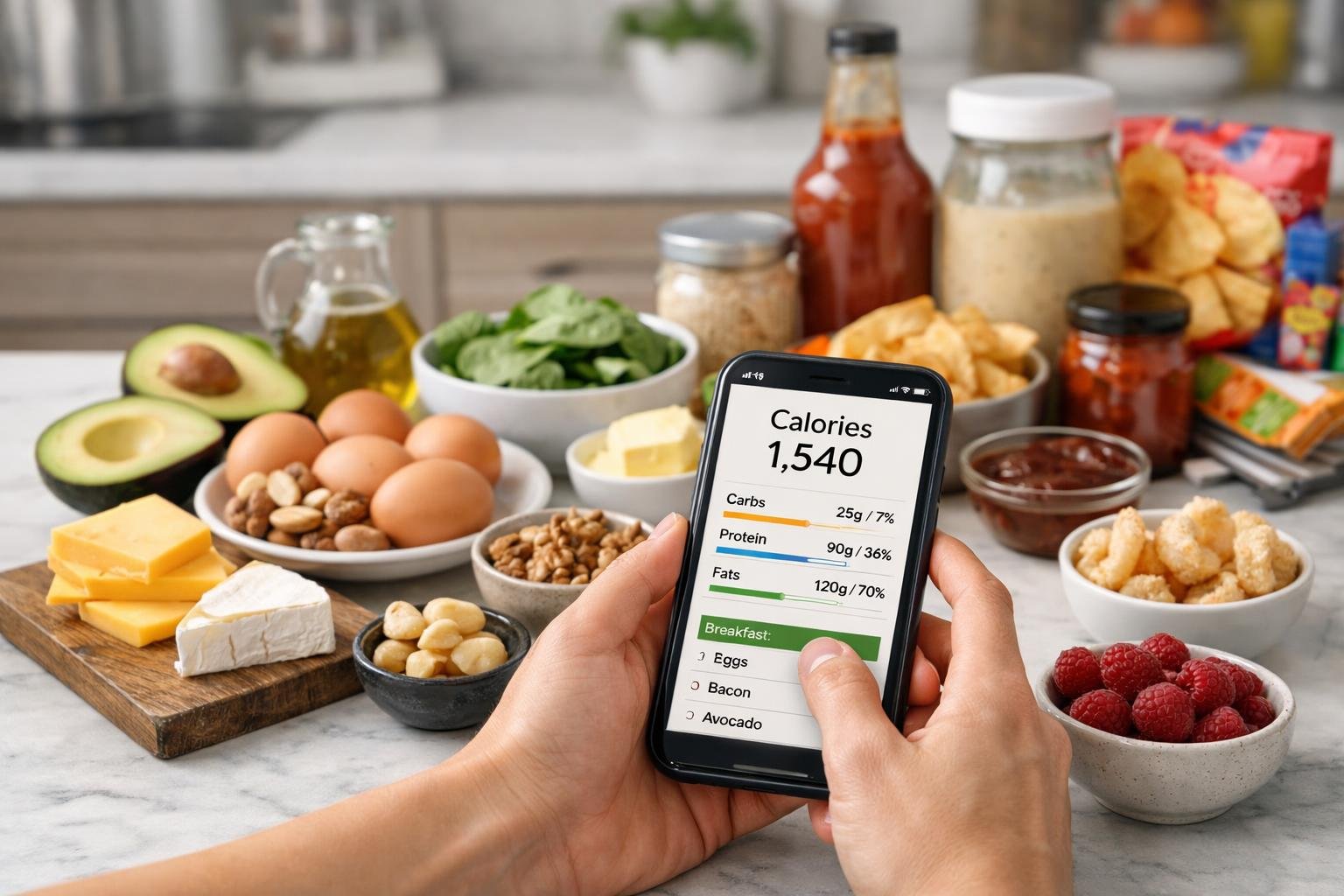 A kitchen counter with keto-friendly foods and hidden carb sources, with hands holding a smartphone showing a nutrition app.