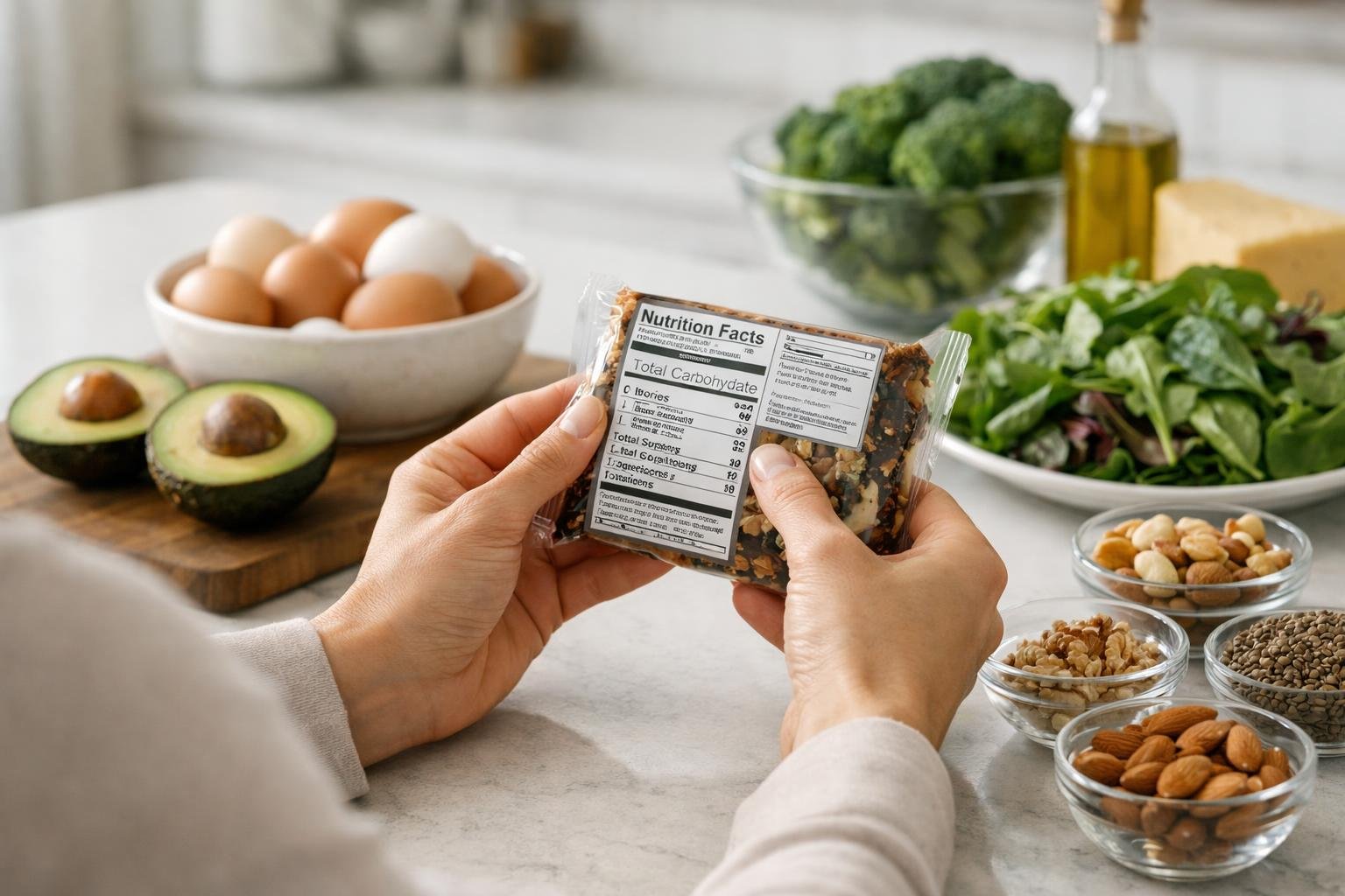 A person in a bright kitchen carefully reading nutrition labels on packaged foods surrounded by keto-friendly ingredients like avocados and eggs.